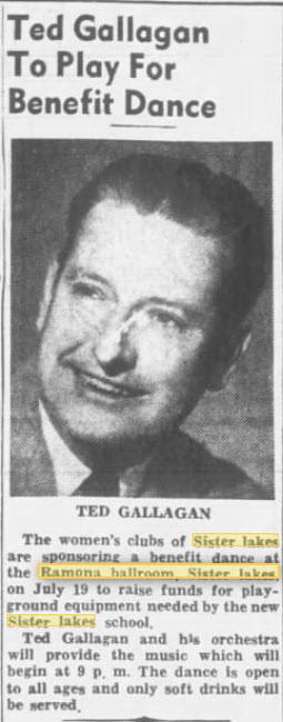 Ramona Ballroom/Dance Pavilion at Sister Lakes - July 15 1949 Article On Benefit (newer photo)
